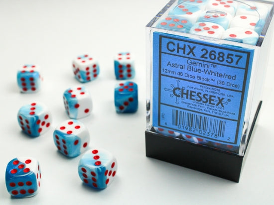 Chessex Gemini 12mm d6 Astral Blue-White/Red Dice (36)