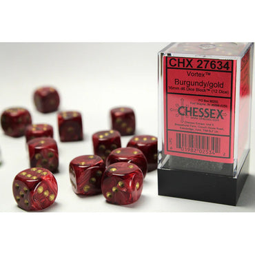 Chessex Vortex 16mm d6 Burgundy/Gold Dice (12)