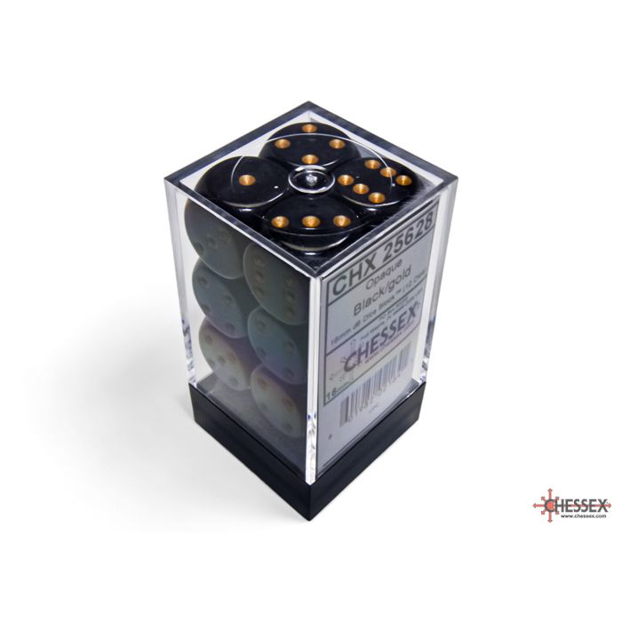 Chessex Opaque 16mm d6 Black/Gold Block (12)