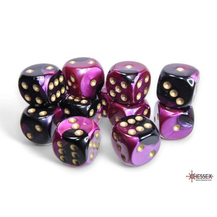Chessex Gemini 16mm d6 Black-Purple/Gold (12)