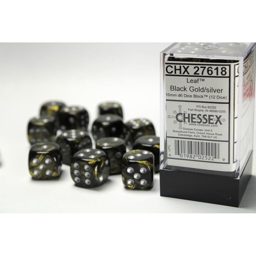 Chessex Leaf 16mm d6 Black Gold/Silver Dice (12)