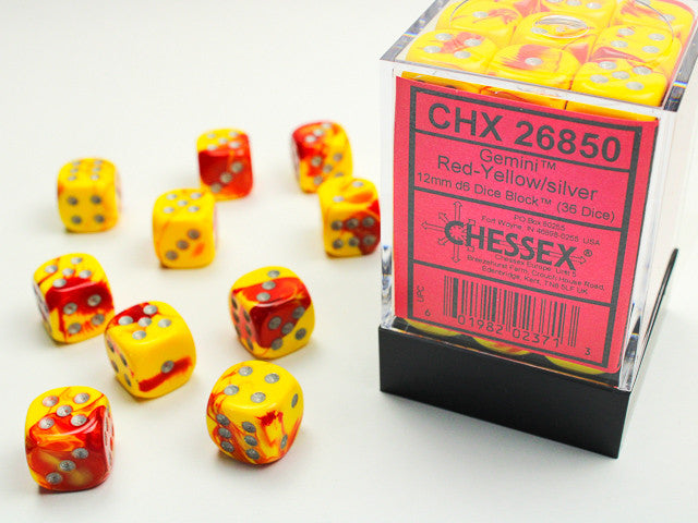 Chessex Gemini 12mm d6 Red-Yellow/Silver Block (36)