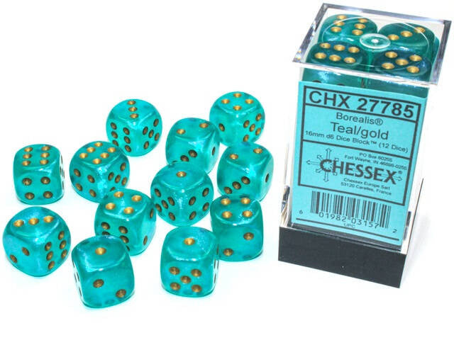 Chessex Borealis 16mm d6 Teal/Gold Luminary Block (12)