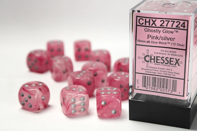 Chessex Ghostly Glow 16mm d6 Pink/Silver (12)