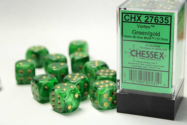 Chessex Vortex 16mm d6 Green/Gold Block (12)