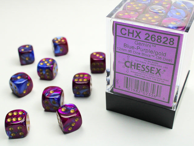 Chessex Gemini 12mm d6 Blue-Purple/Gold Block (36)