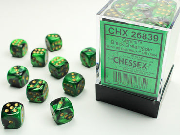 Chessex Gemini 12mm d6 Black-Green/Gold Block (36)