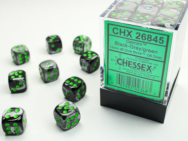 Chessex Gemini 12mm d6 Black-Grey/Green Block (36)