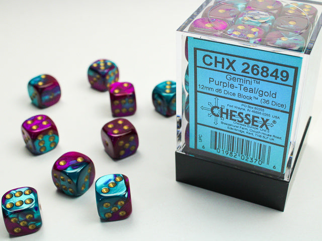 Chessex Gemini 12mm d6 Purple-Teal/Gold Block (36)