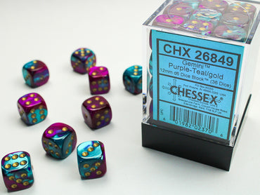 Chessex Gemini 12mm d6 Purple-Teal/Gold Block (36)