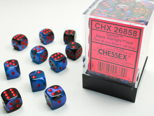 Chessex Gemini 12mm d6 Black-Starlight/Red Block (36)
