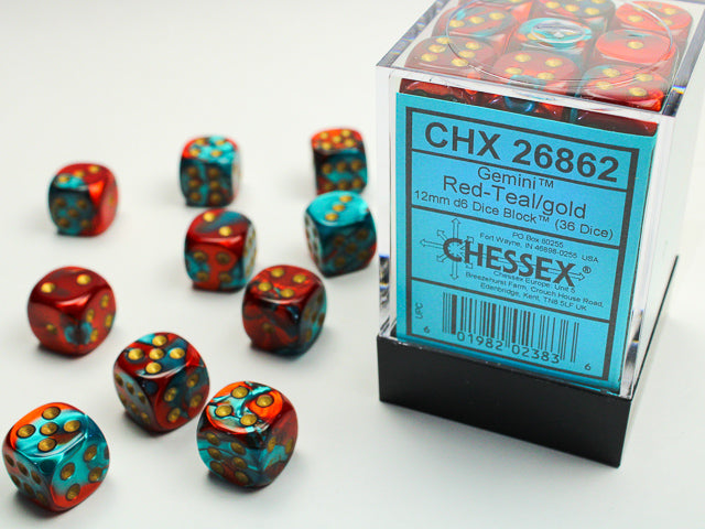 Chessex Gemini 12mm d6 Red-Teal w/gold (36)