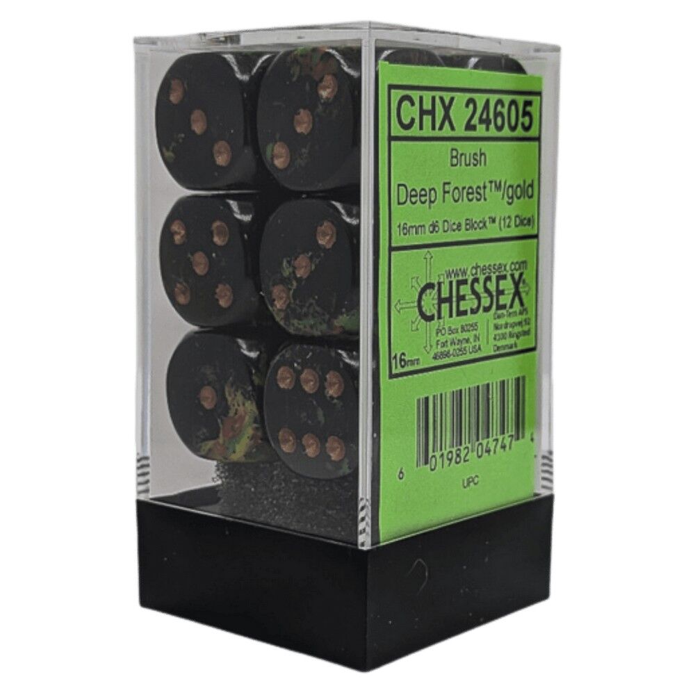 Chessex Brush Deep Forest/Gold 16mm d6 Dice Block (12)
