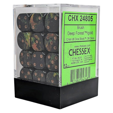 Chessex Brush Deep Forest/Gold 12mm d6 Dice Block (36)
