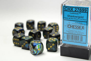 Chessex 16mm D6 Dice Block Lustrous Shadow/Gold (12)