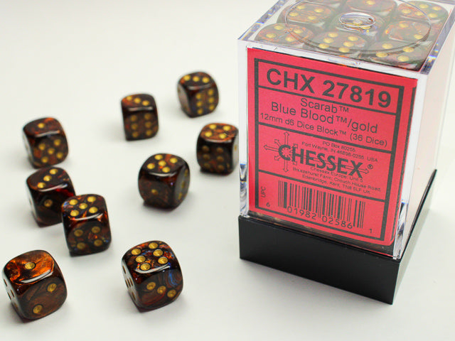 Chessex Scarab 12mm d6 Blue Blood/Gold Block (36)