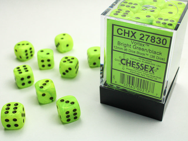 Chessex Vortex 12mm d6 Bright Green/Black Block (36)