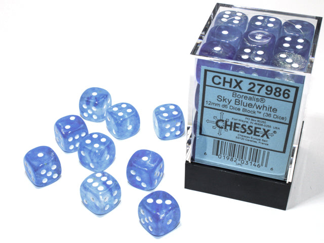 Chessex Luminary Borealis Sky Blue/White 12mm d6 Block (36)