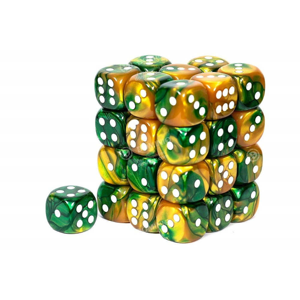 Chessex Gemini 12mm d6 Gold-Green w/white (36)