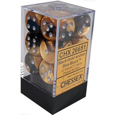 Chessex Gemini 16mm d6 Black-Gold/Silver Dice (12)