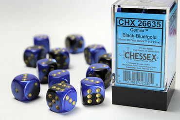 Chessex Gemini 16mm d6 Black-Blue/Gold Dice (12)