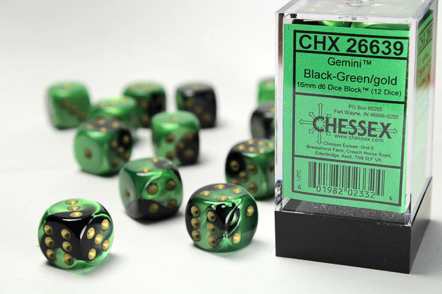 Chessex Gemini 16mm d6 Black-Green/Gold Dice (12)