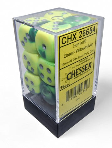 Chessex Gemini 16mm d6 Green-Yellow/Silver Dice (12)