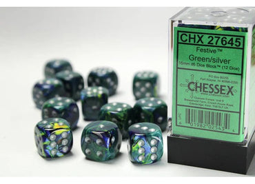 Chessex Festive 16mm d6 Green/Silver Dice (12)