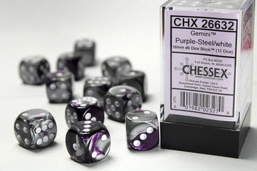 Chessex Gemini 16mm d6 Purple-Steel/White Dice (12)