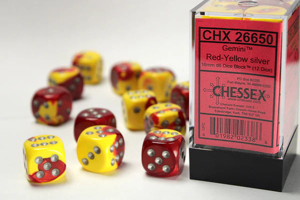 Chessex Gemini 16mm d6 Red-Yellow/Silver Dice (12)