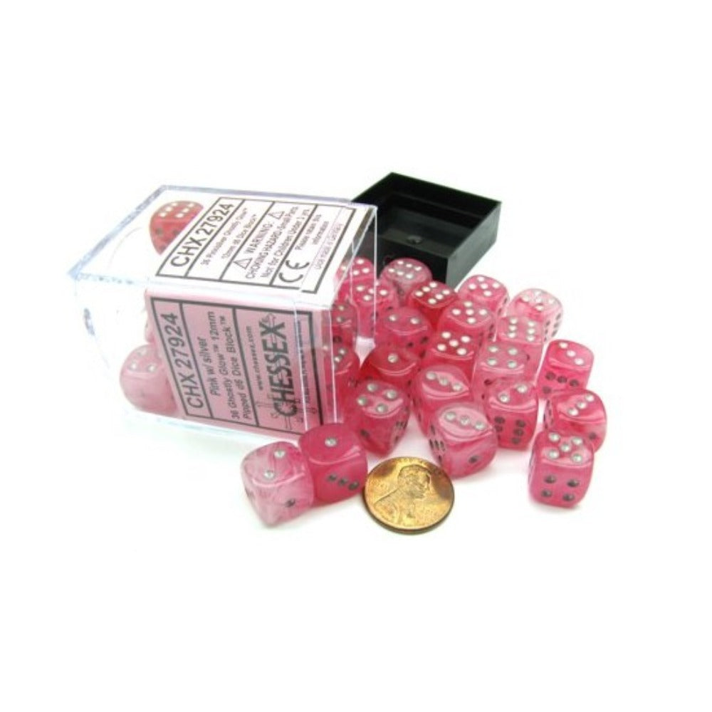 Chessex Ghostly Glow 12mm d6 Pink/Silver (36)