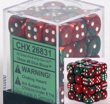 Chessex Gemini 12mm d6 Green-red w/white (36)