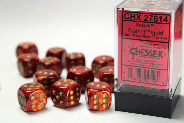 Chessex Scarab 16mm d6 Scarlet/gold Block (12)