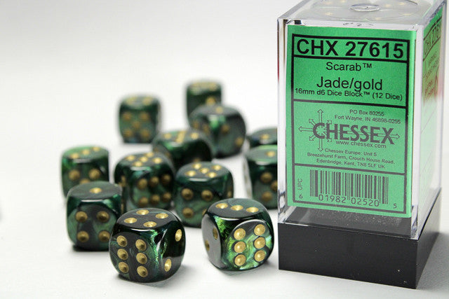 Chessex Scarab 16mm d6 Jade/gold Block (12)