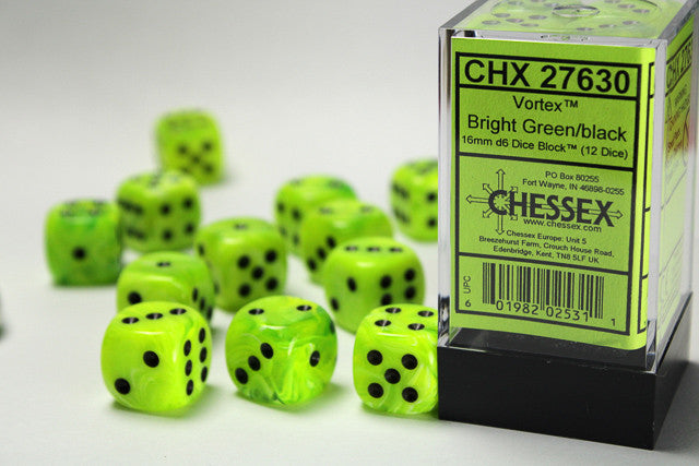 Chessex Vortex 16mm d6 Bright Green/Black Block (12)