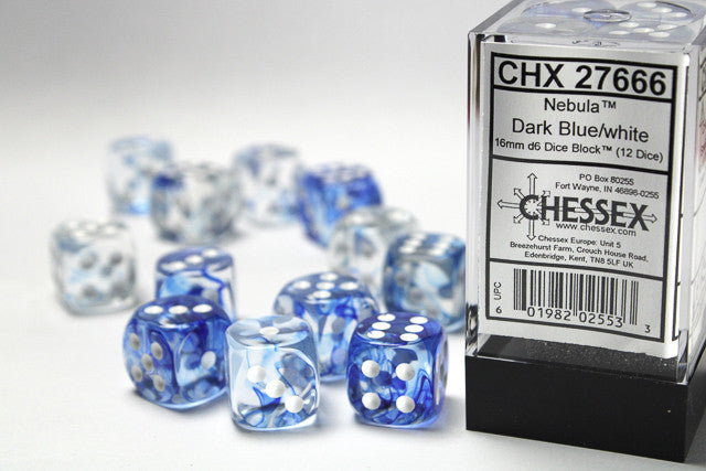 Chessex Nebula 16mm d6 Dark Blue/White Block (12)