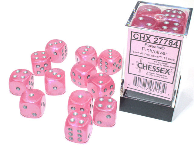 Chessex Borealis 16mm d6 Pink/silver Luminary Block (12)
