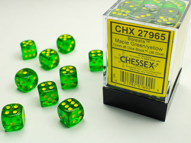Chessex Borealis 12mm d6 Maple Green/Yellow Block (36)