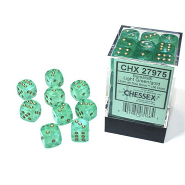Chessex Borealis 12mm d6 Light Green/gold Block (36)