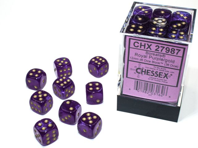 Chessex Borealis 12mm d6 Royal Purple/gold Luminary Block (36)