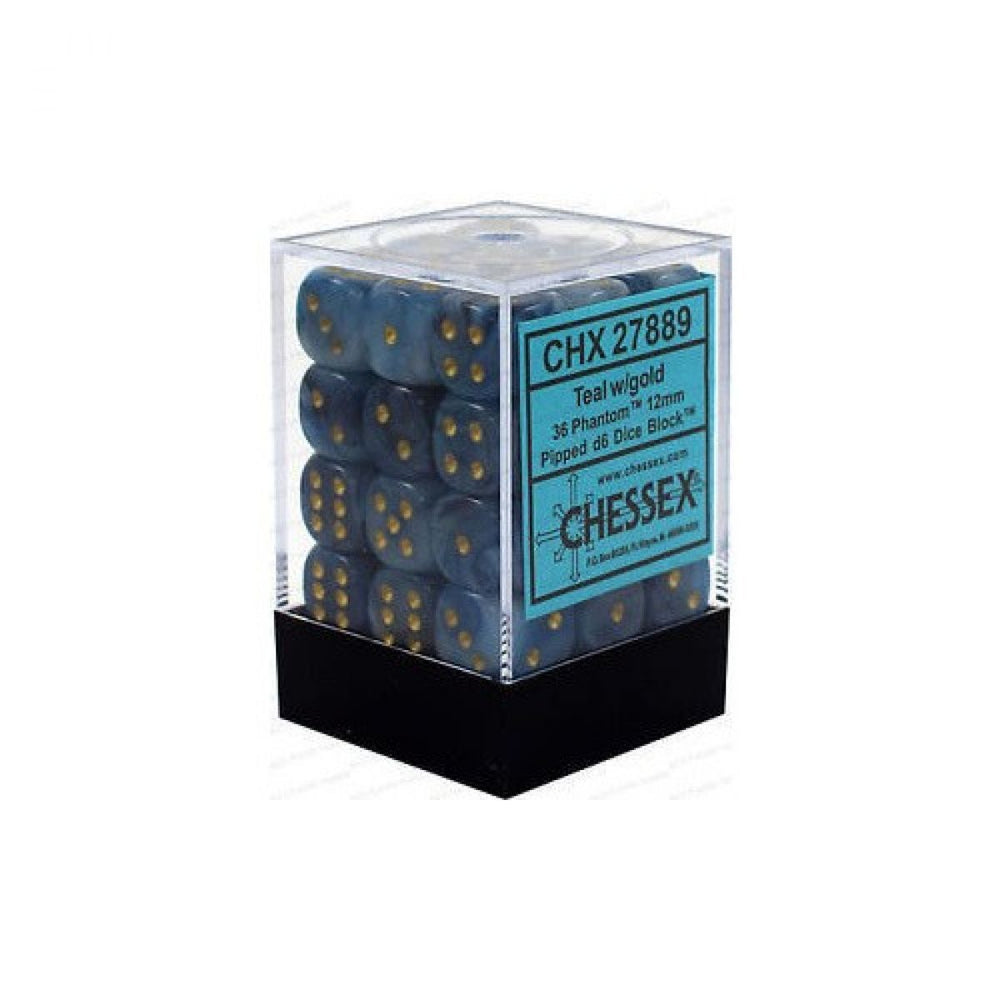 Chessex Phantom 12mm d6 Teal/Gold Block (36)