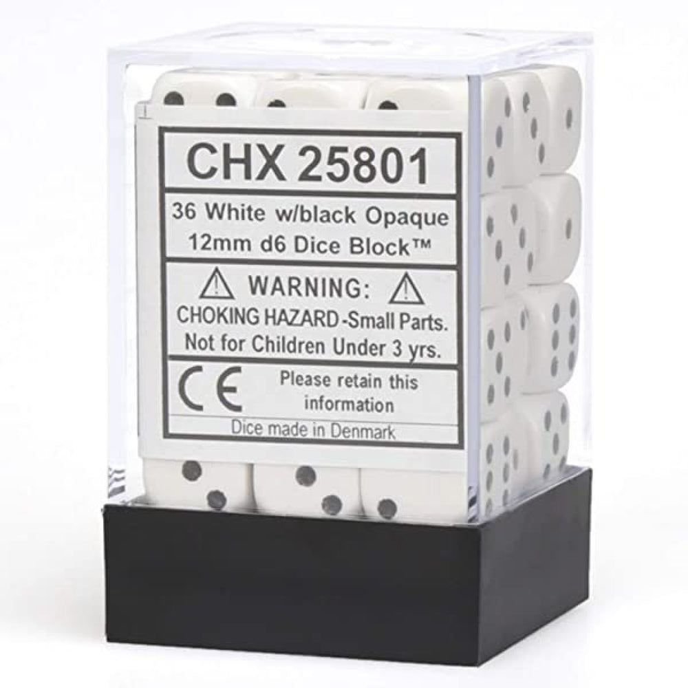 Chessex Opaque 12mm d6 White/Black Block (36)