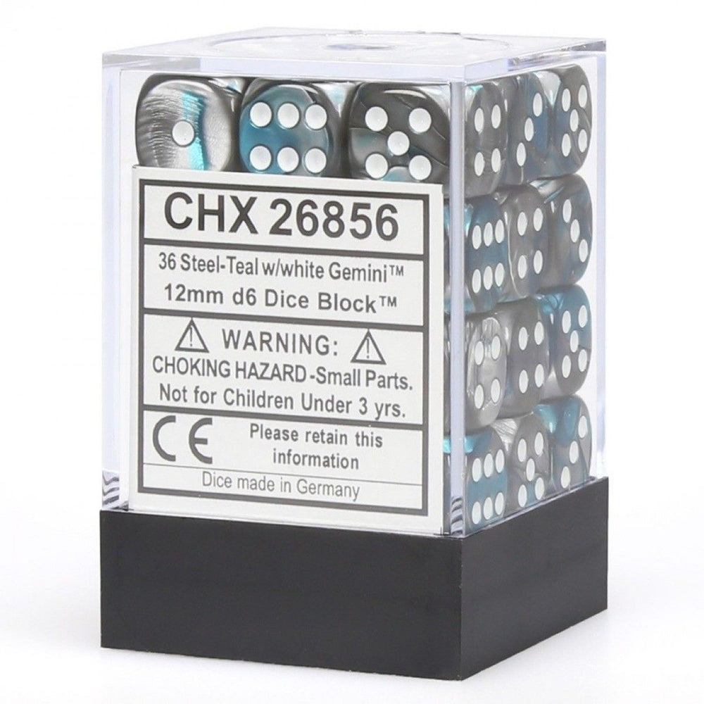Chessex Gemini 12mm d6 Steel Teal/White Block (36)