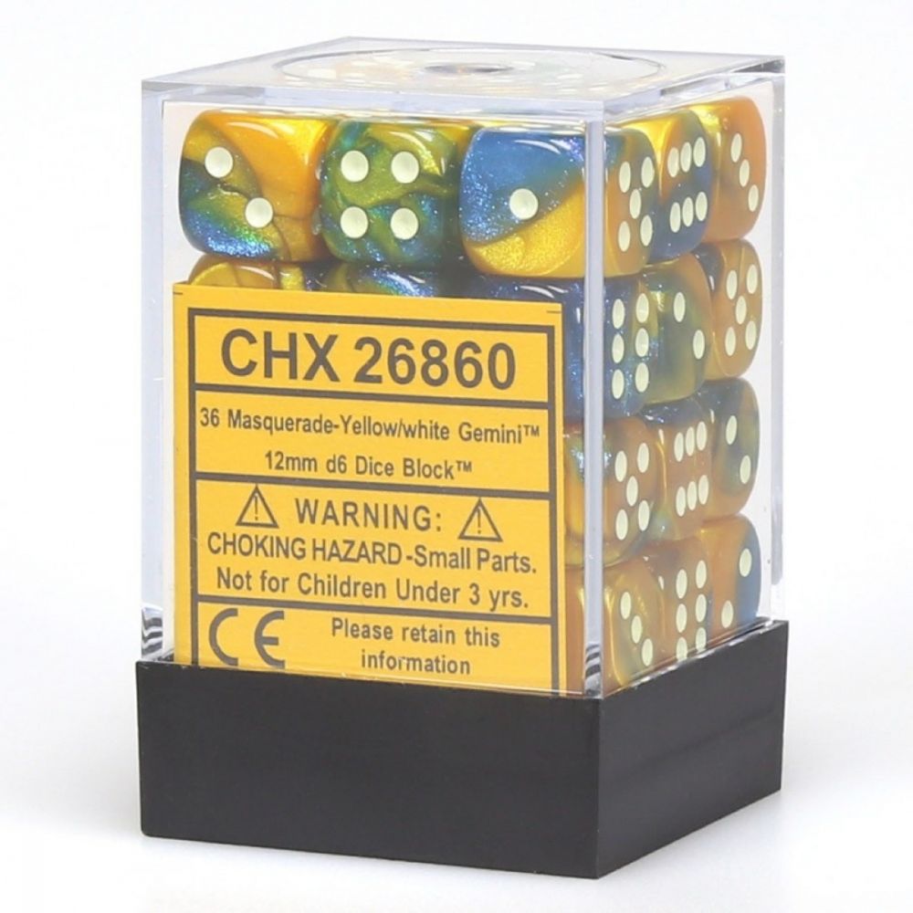 Chessex Gemini 12mm d6 Masquerade Yellow/White Block (36)
