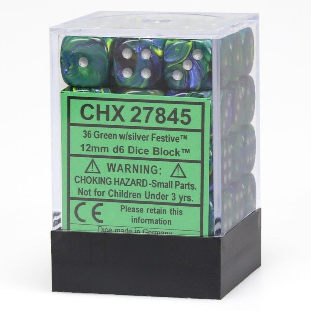 Chessex Festive 12mm d6 Green/Silver Block (36)
