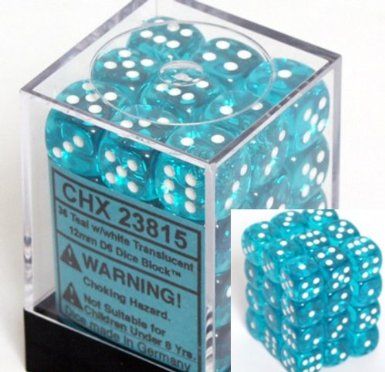Chessex Translucent 12mm d6 Teal/white (36)