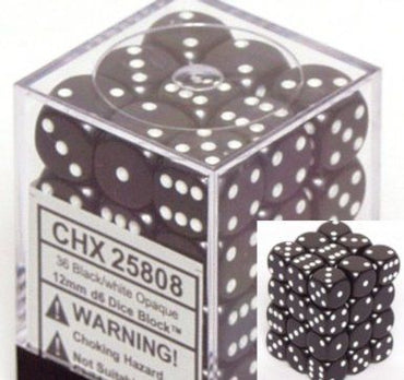 Chessex Opaque 12mm d6 Black/white (36)