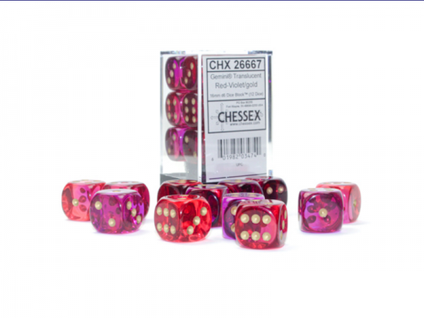 Chessex Gemini 16mm d6 Translucent Red-Violet/Gold (12)