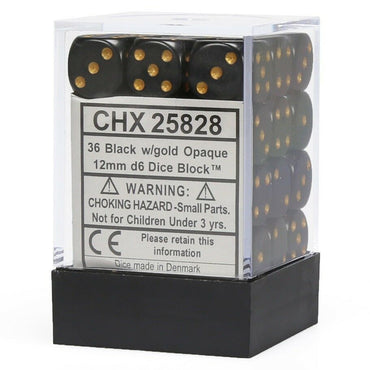 Chessex Opaque 12mm d6 Black/Gold Block (36)